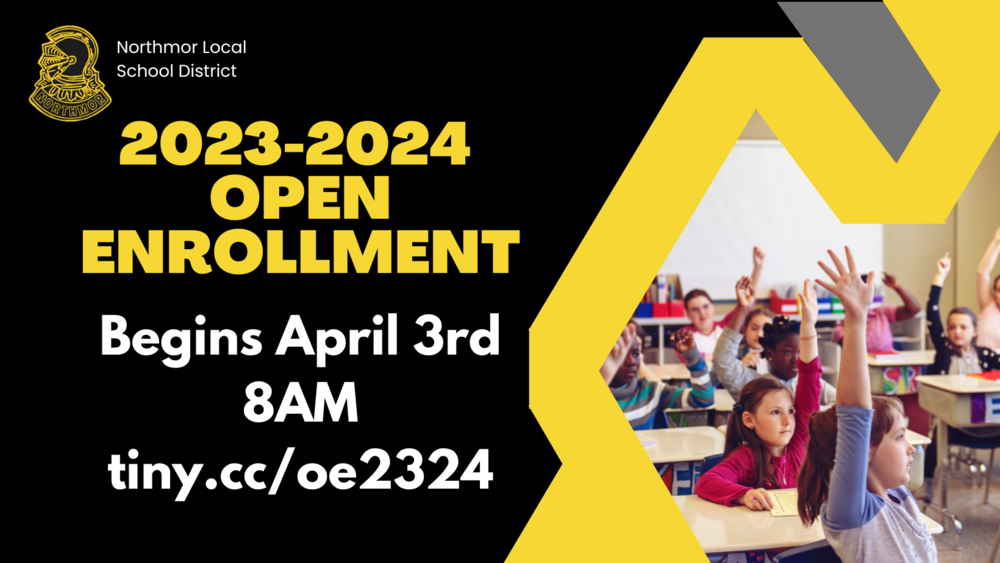 2023-2024 Open Enrollment begins april 3rd 8am tiny.cc/oe2324 black and gold background with photo of students sitting at desk in classroom