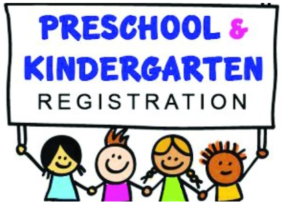 clipart of kids holding a sign "Preschool & Kindergarten registration"