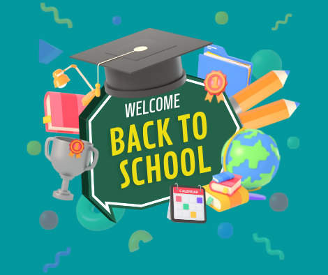 welcome back to school on blue and green background with cap and school supplies around it