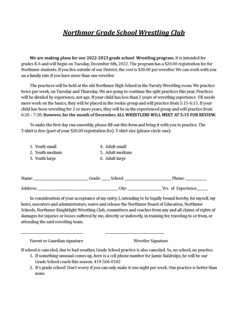 registration form for wrestling