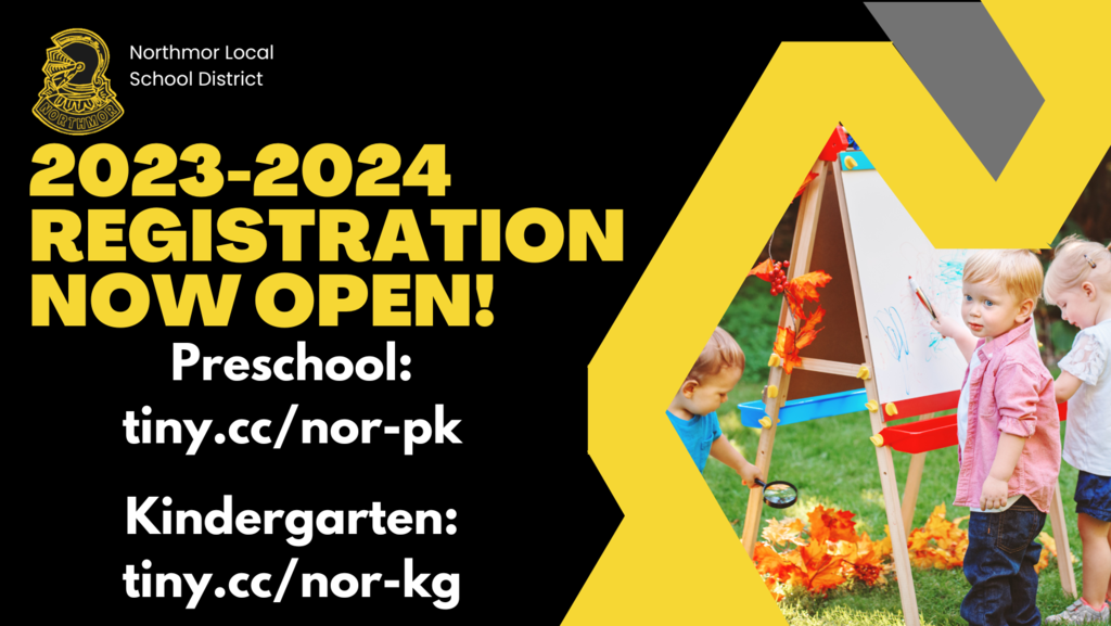 2023-2024 Registration now open! preschool: tiny.cc/nor-pk, kindergarten: tiny.cc/nor-kg, Northmor Local school district on black with photo of kids painting