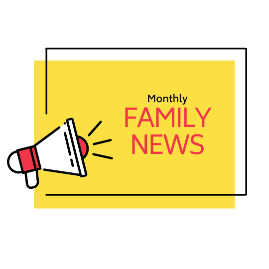 monthly family news with bullhorn on yellow background